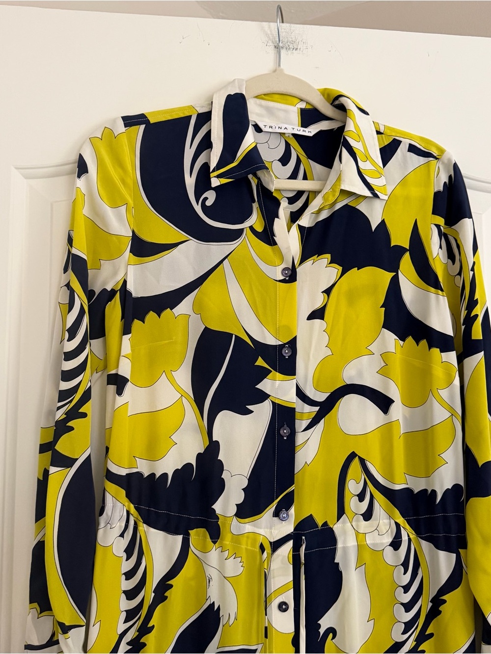 Trina Turk Size 4 Bold Floral Print Maxi Shirt Dress Yellow Navy